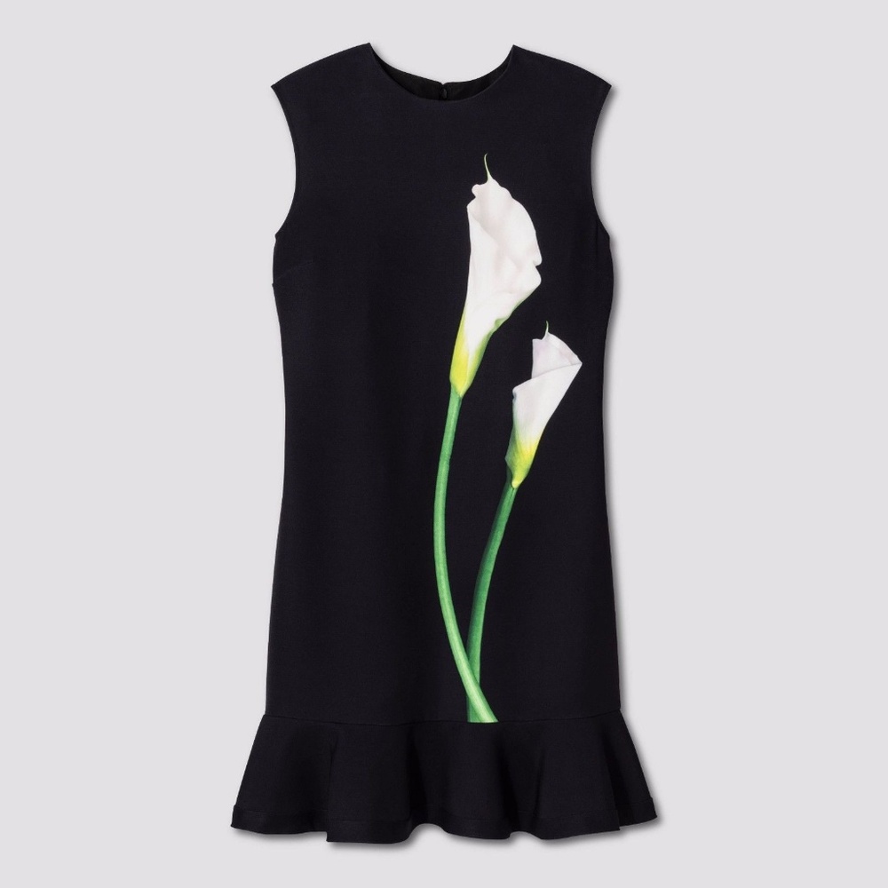 Victoria Beckham Black Calla Lily Satin Ruffle Hem Dress L (Large)